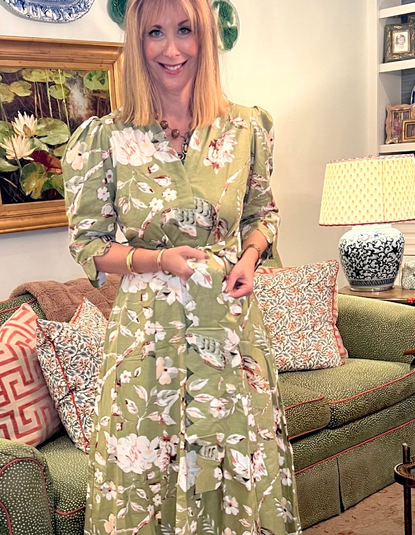 Worth Block Print Scalloped Midi Dress in Green Bird