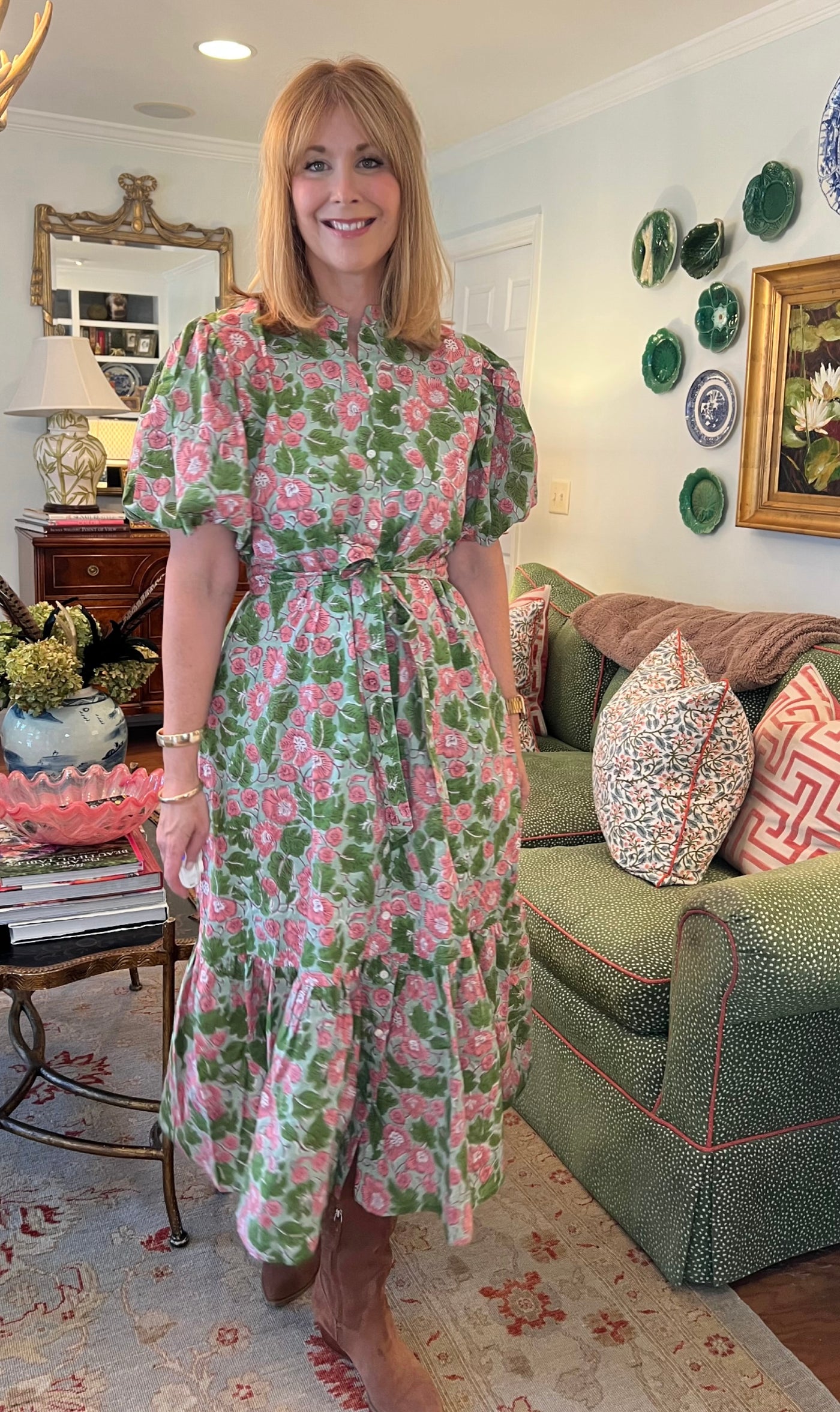 Hinton Floral Block Print Maxi Dress in Geranium