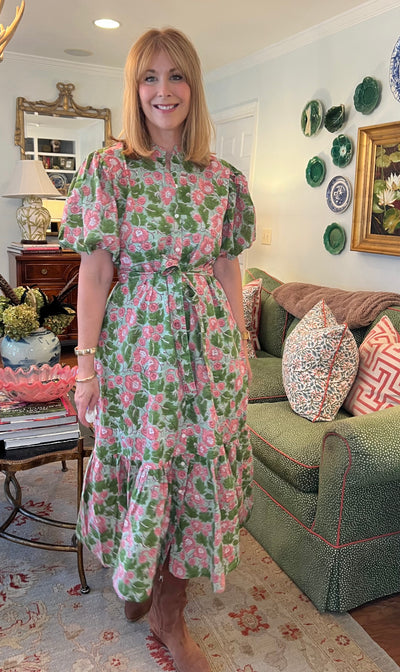 Hinton Floral Block Print Maxi Dress in Geranium
