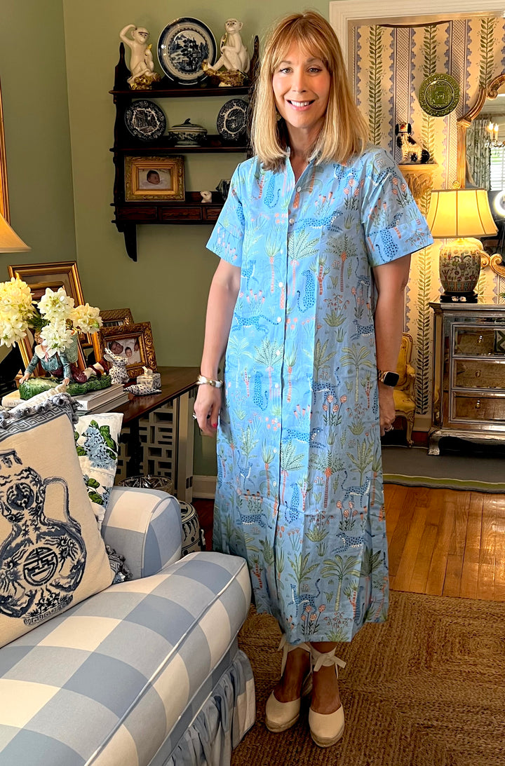 Aerin Block Print Cuffed Midi Dress in Blue Jungle |  Dress - Miss Madigan | Women&