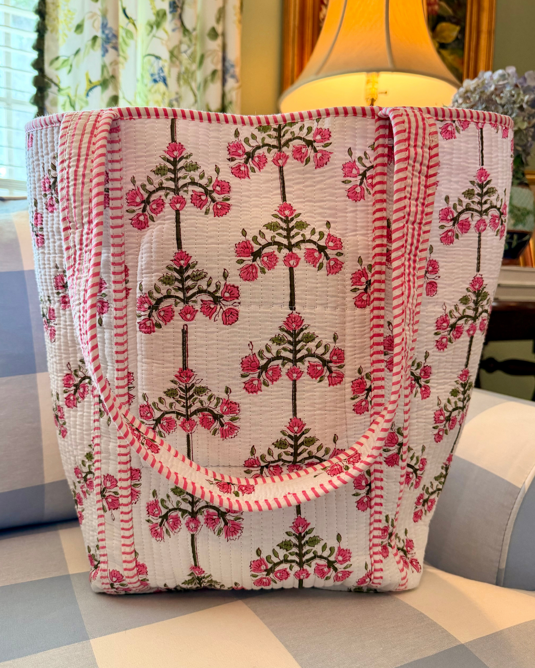 Block Print Quilted Tote in Pink & White Floral |  Bags - Miss Madigan | Women's Fashion Boutique