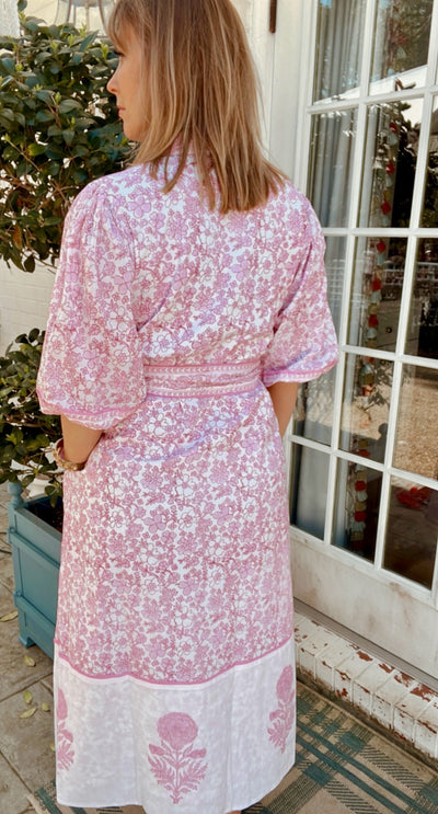 Charleston Blockprint Midi Dress in Baby Pink