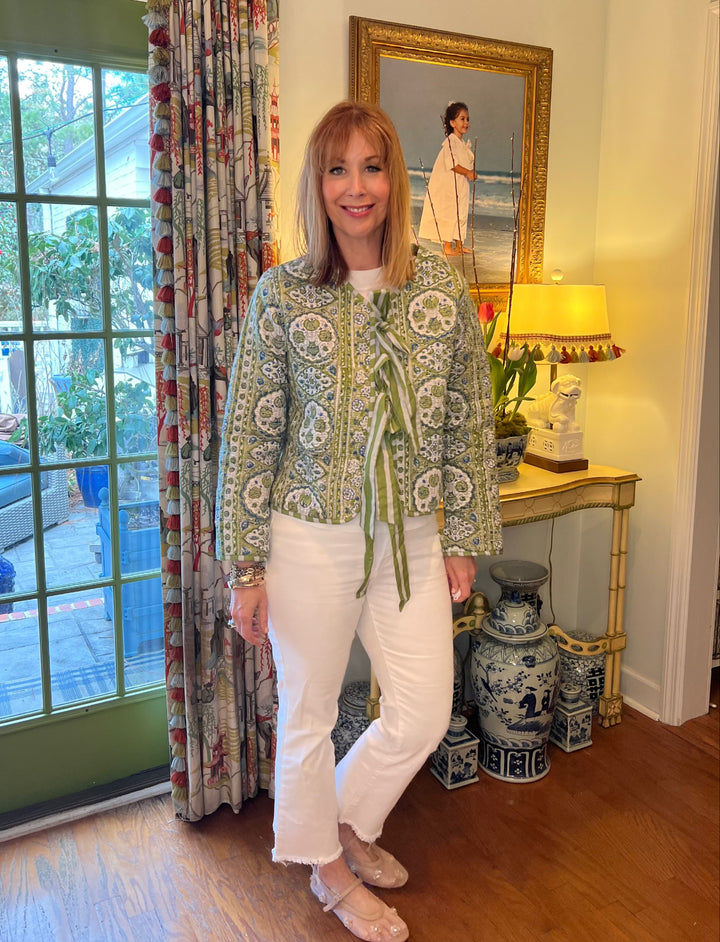 Tatum Quilted Block Print Jacket in Blue &amp; Green Floral |  Jackets - Miss Madigan | Women&