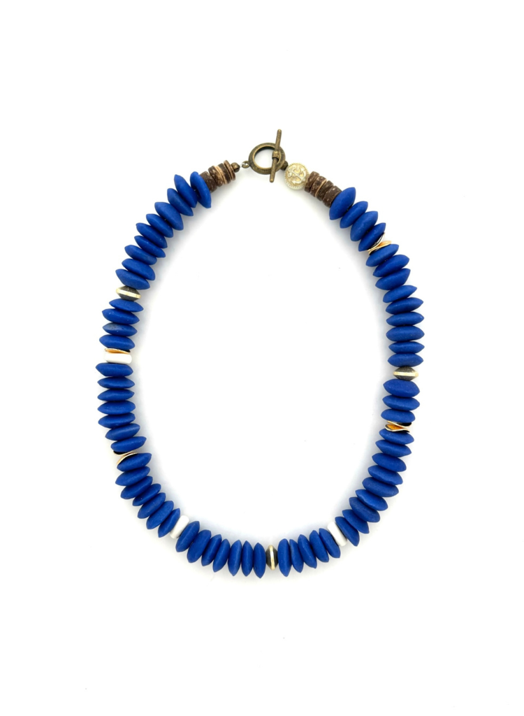 Cobalt Blue Saucer Glass Beaded Necklace