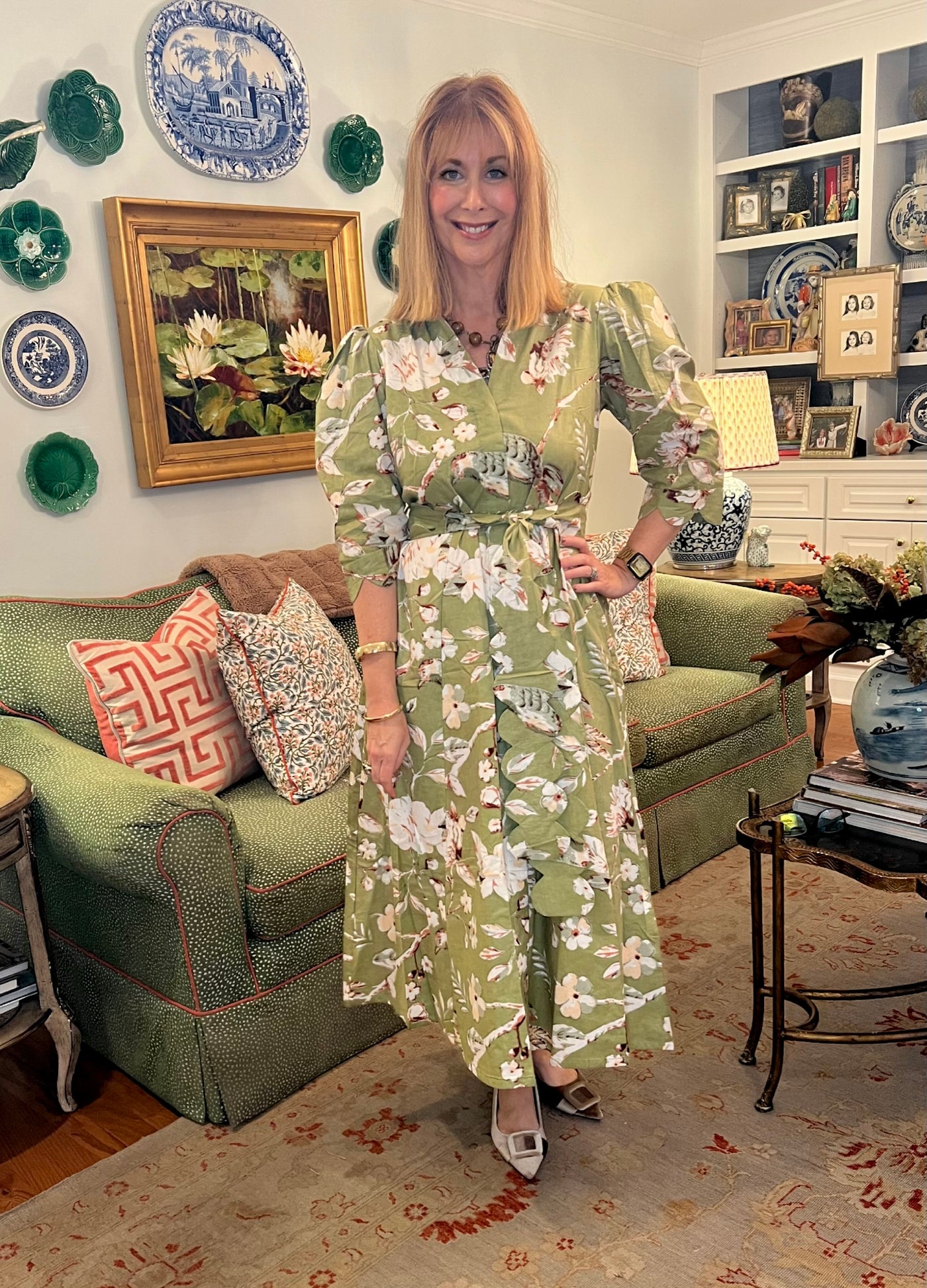 Worth Block Print Scalloped Midi Dress in Green Bird