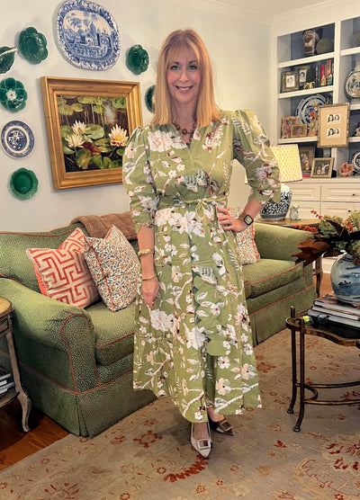 Worth Block Print Scalloped Midi Dress in Green Bird