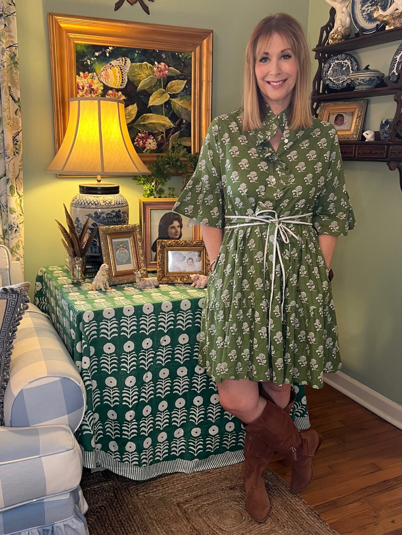 Caroline Ruffled Mini Dress in Green Floral