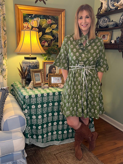 Caroline Ruffled Mini Dress in Green Floral