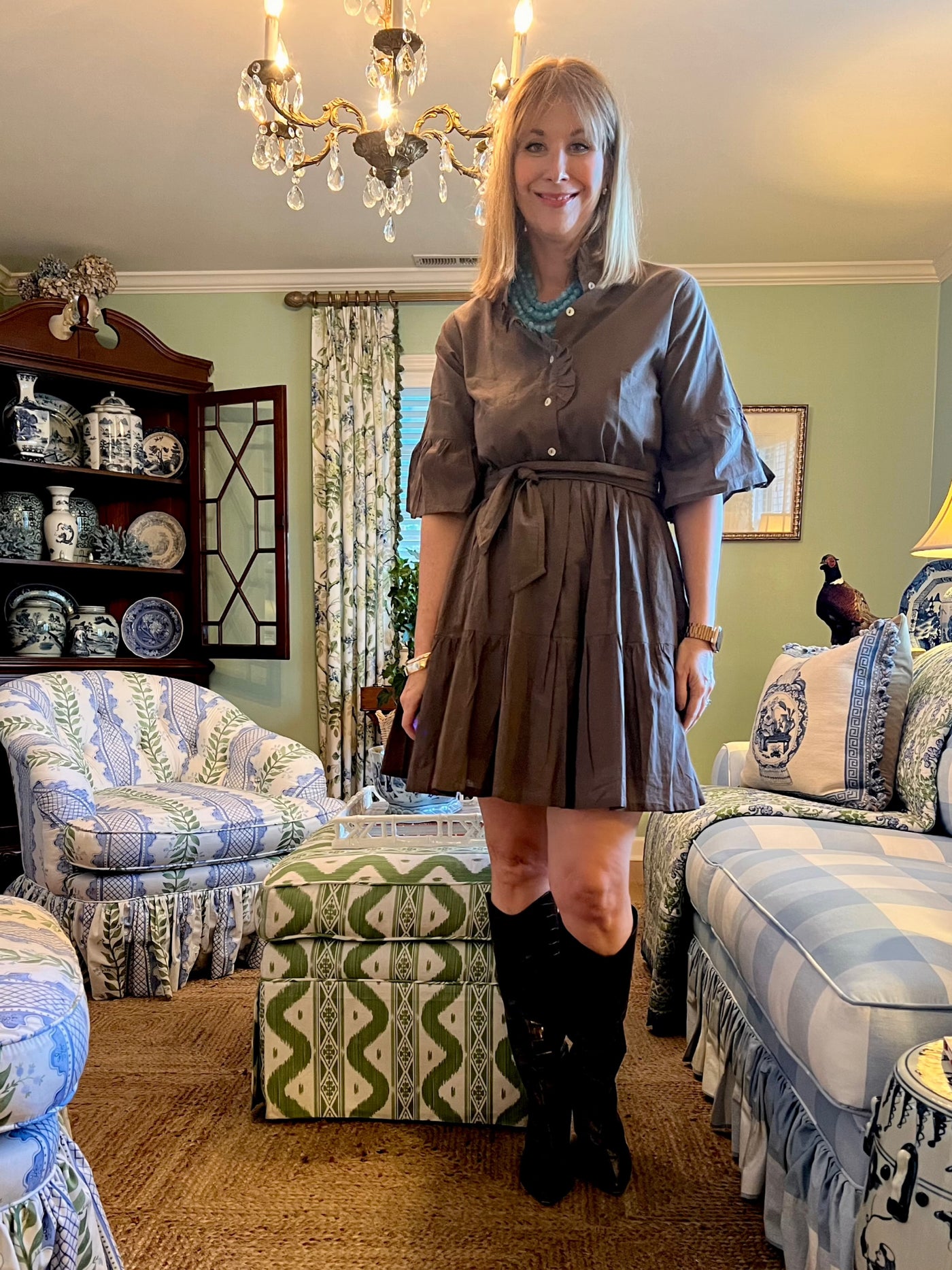 Caroline Ruffled Collar Blockprint Mini Dress in Brown