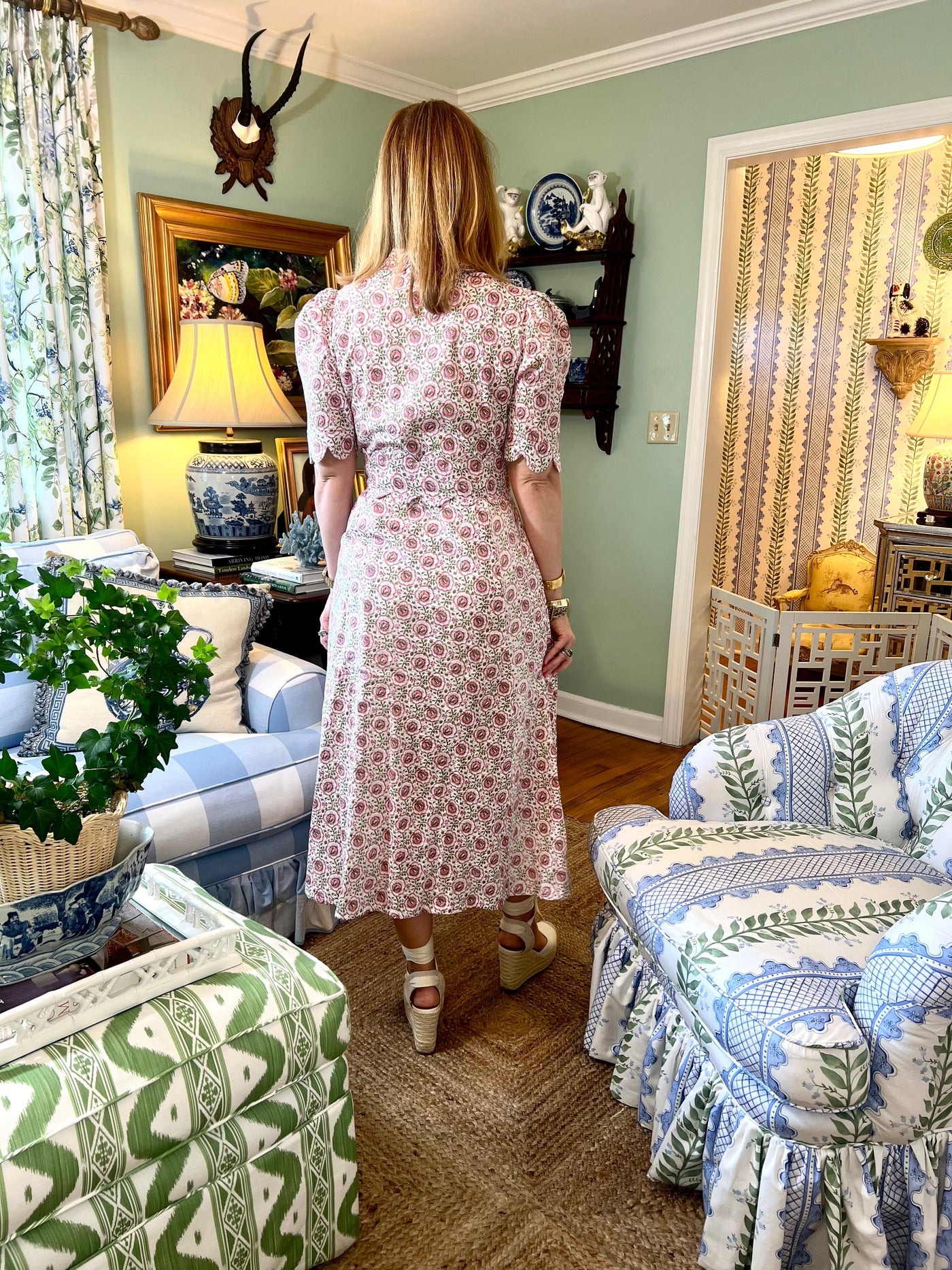 Worth Block Print Scalloped Midi Dress in Pink Fields