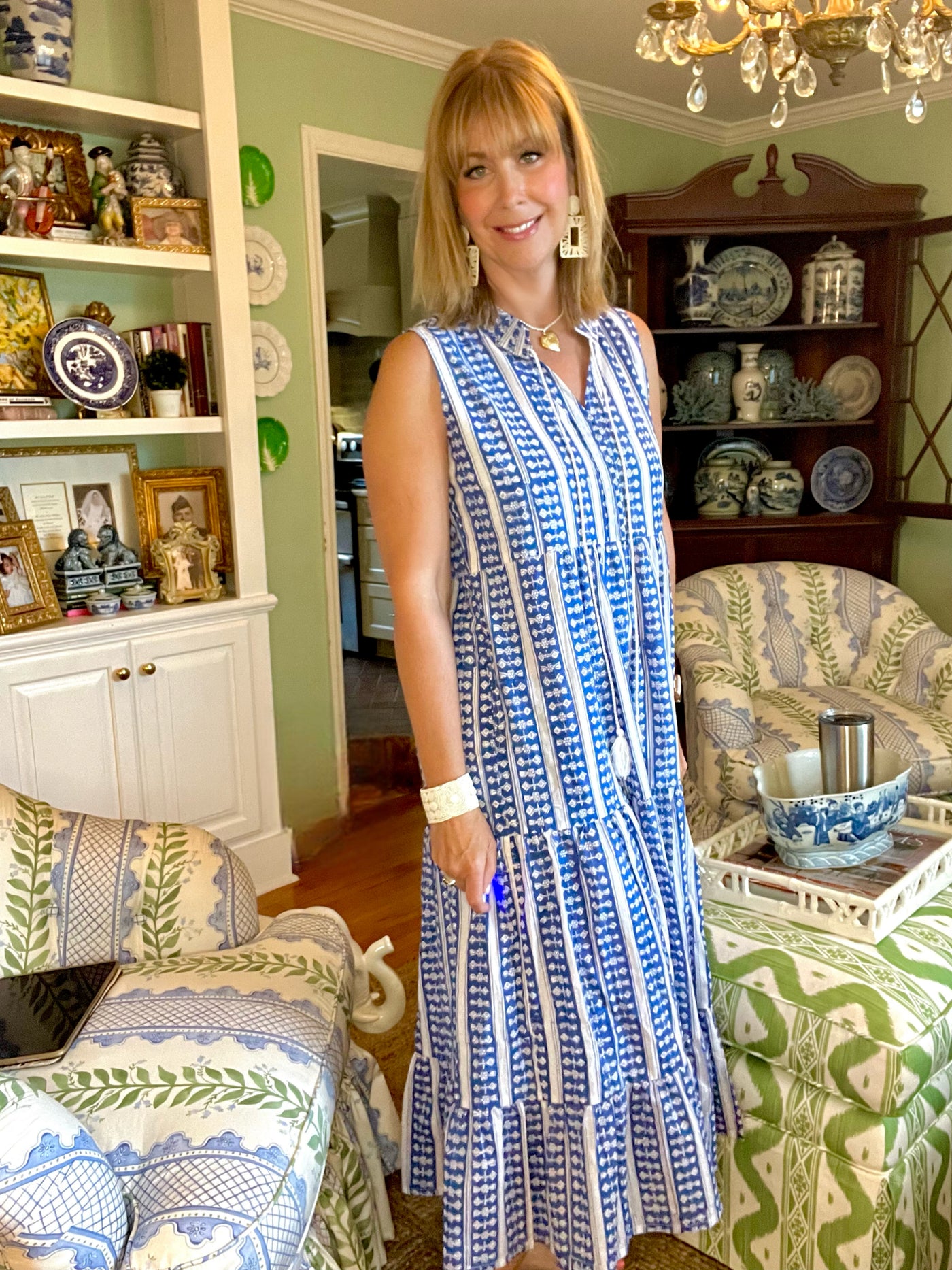 Wimberly Sleeveless Blockprint Maxi Dress in Blue & White