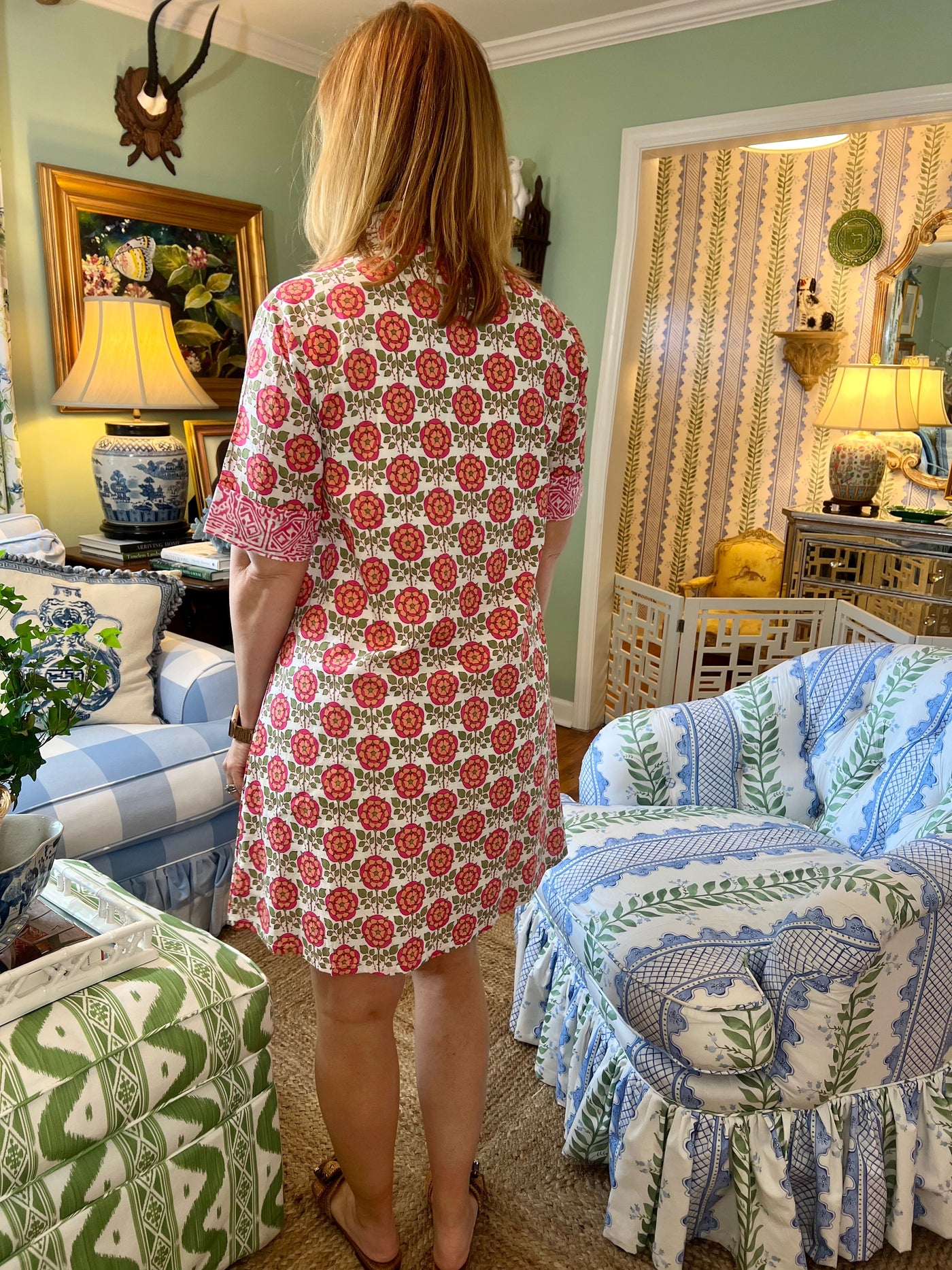 Claudia Collared A-Line Shirt Dress in Pink Geo