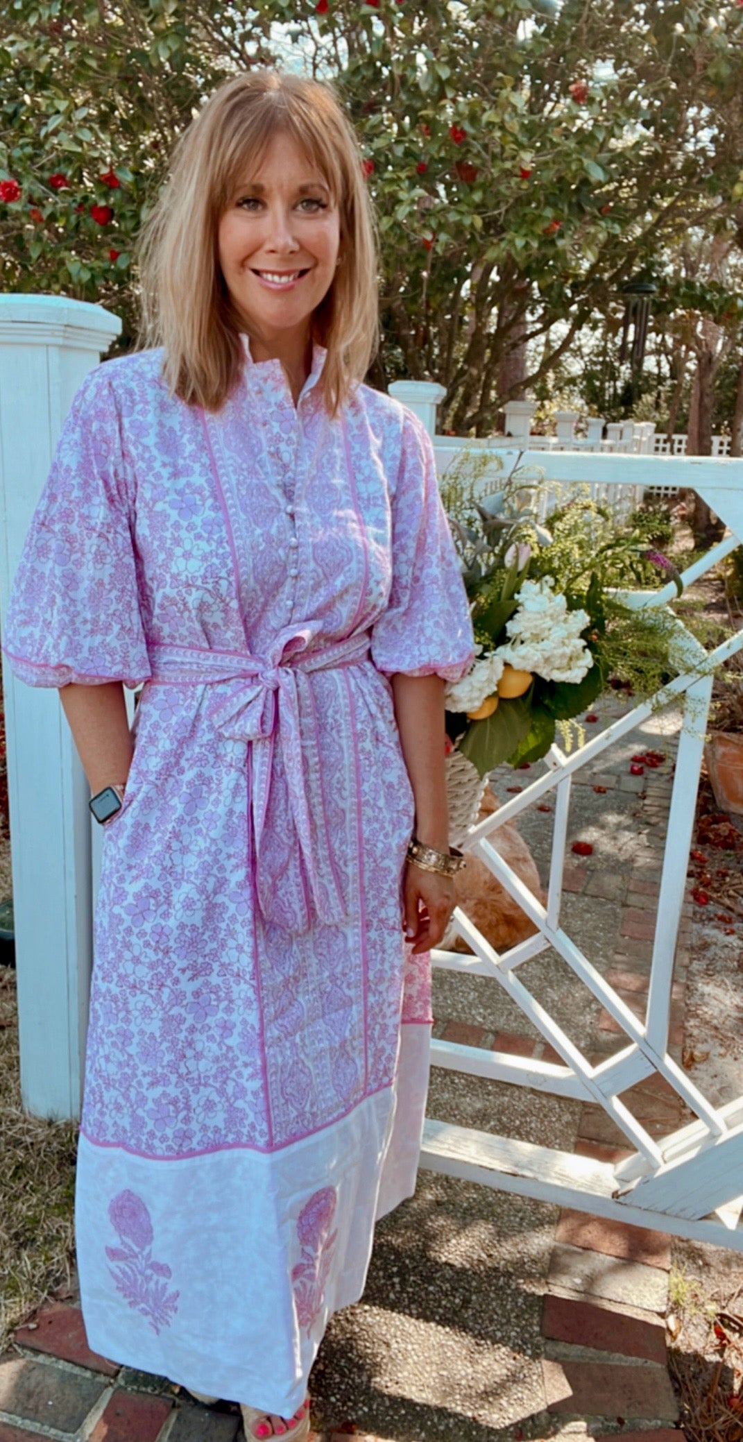 Charleston Blockprint Midi Dress in Baby Pink