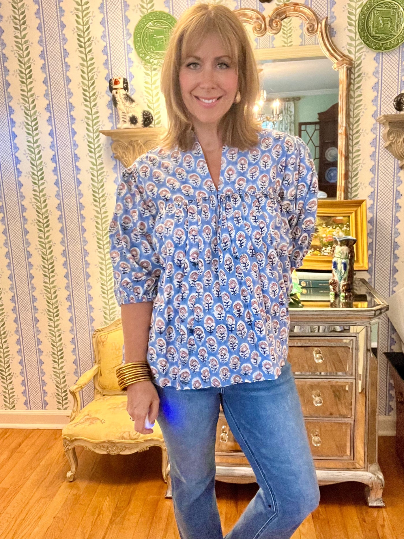 Everette Block Print Top in Blue