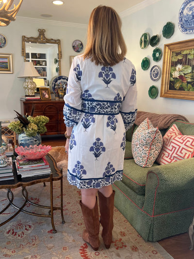 Emma Marigold Block Print Mini Dress in Navy