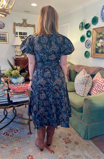 Birdie Floral Puff Sleeve Midi in Brown