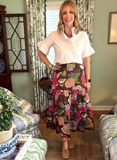Maria Block Print Maxi Skirt in Brown Floral
