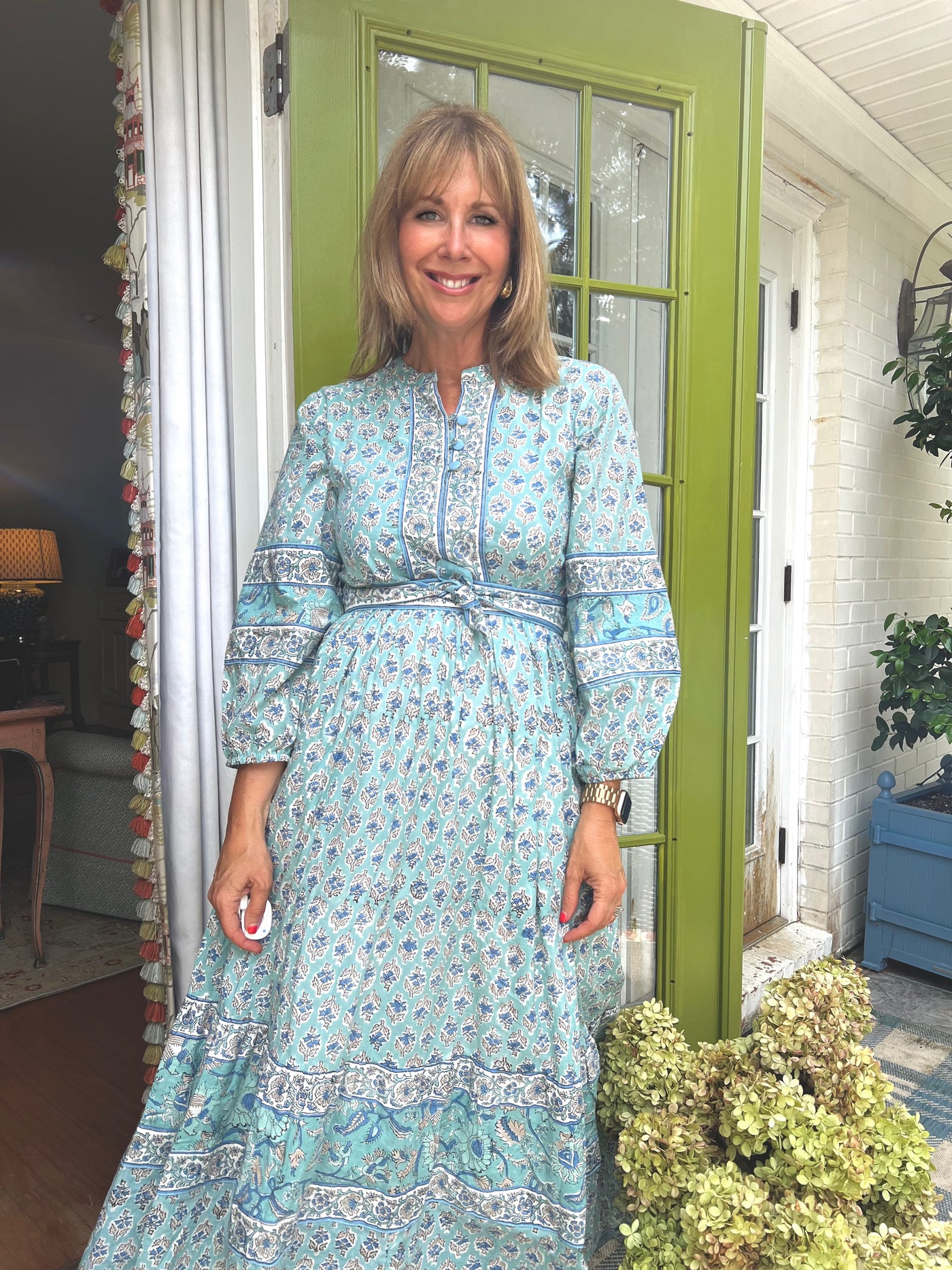 Oxford Block Print Maxi Dress in Blue