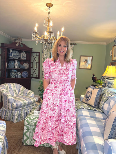 Worth Block Print Scalloped Midi Dress in Pink Toile