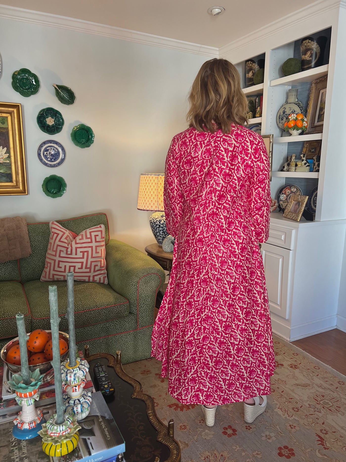 Calypso Blockprint A-line Midi Dress in Hot Pink