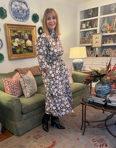 Emory Blockprint Midi Dress in Brown