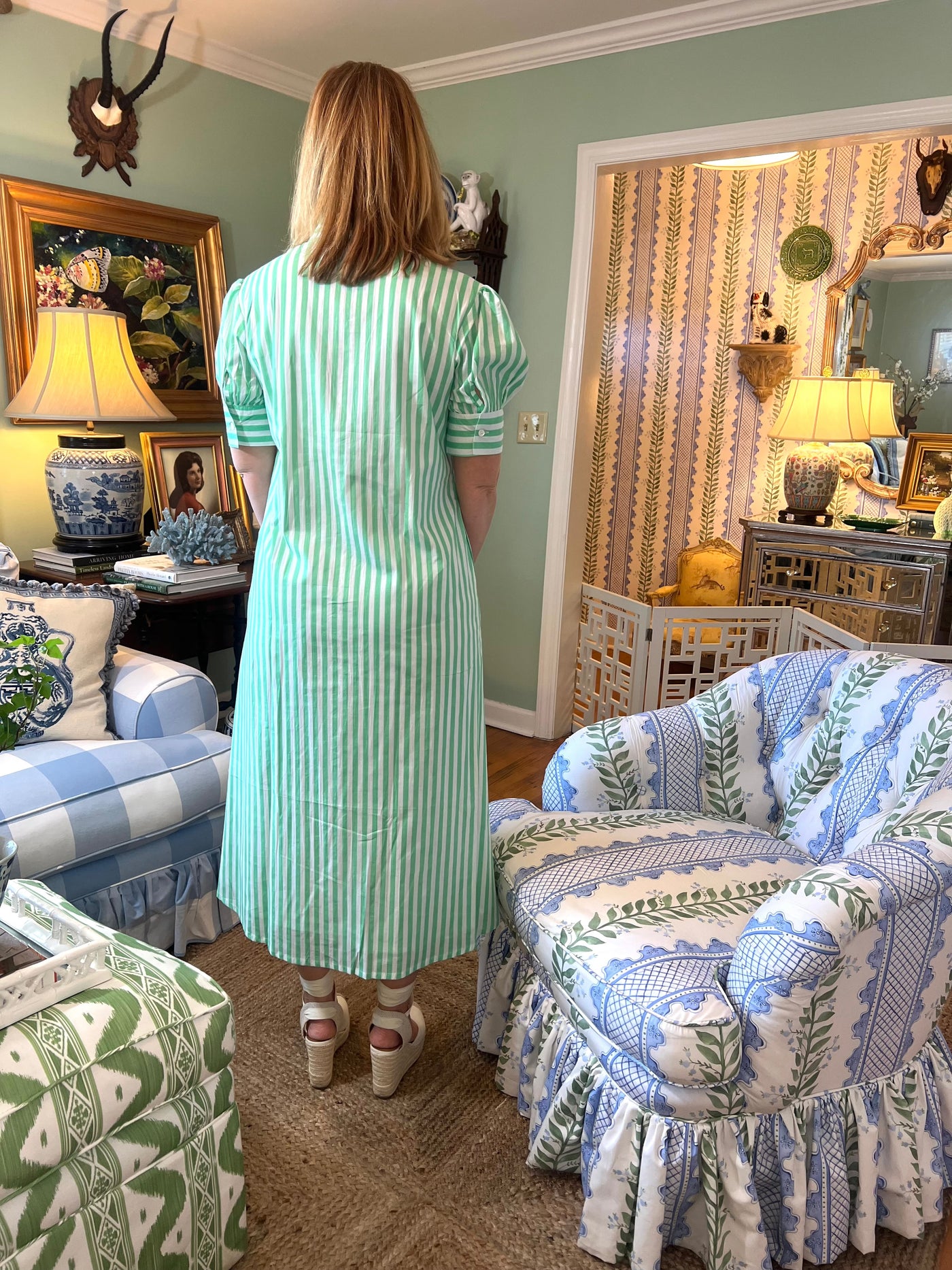 Baker Striped Ruffle A-line Midi in Green