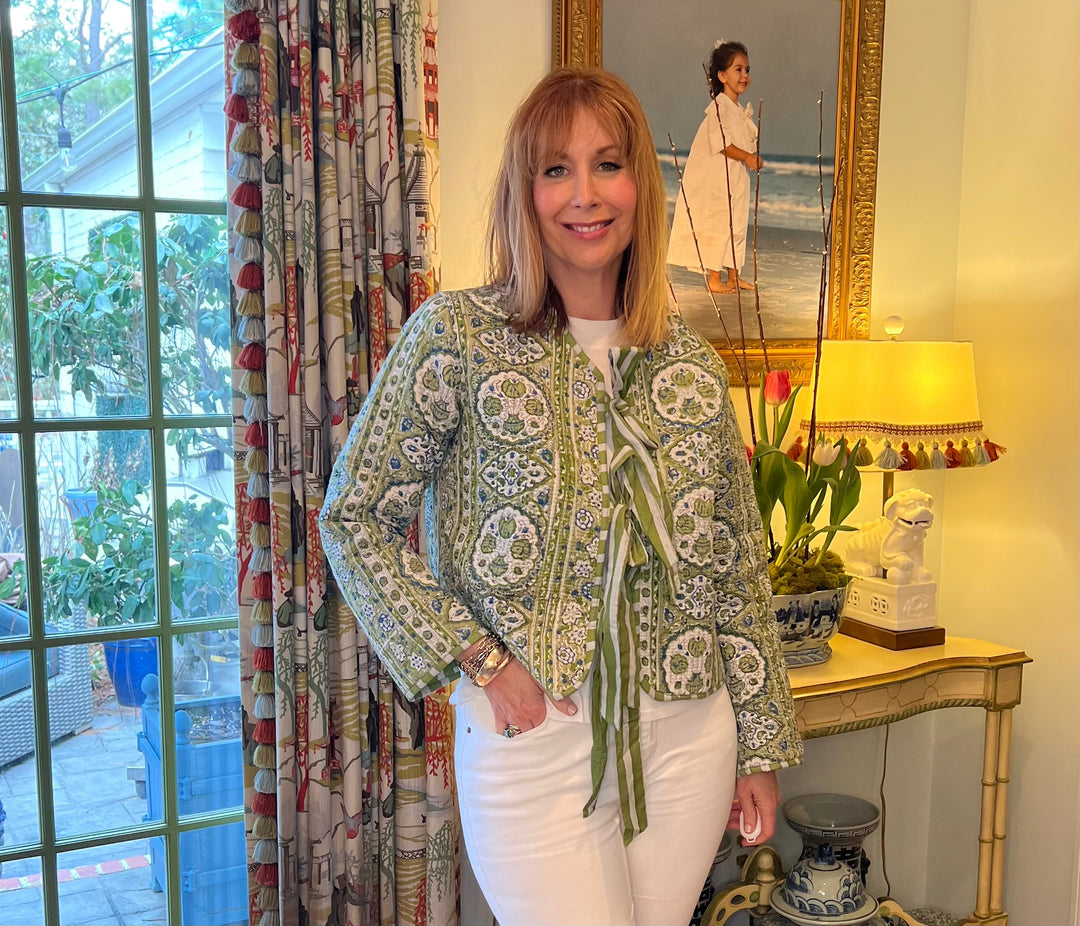 Tatum Quilted Block Print Jacket in Blue & Green Floral |  Jackets - Miss Madigan | Women's Fashion Boutique