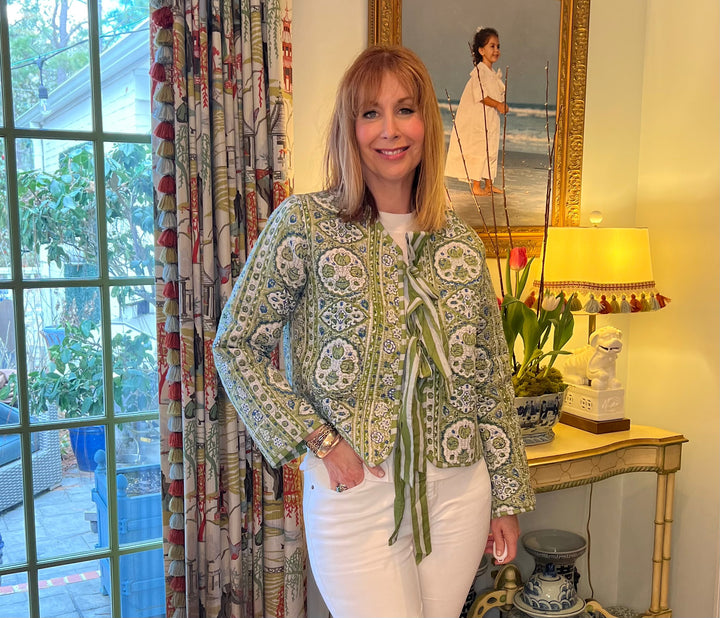 Tatum Quilted Block Print Jacket in Blue &amp; Green Floral |  Jackets - Miss Madigan | Women&