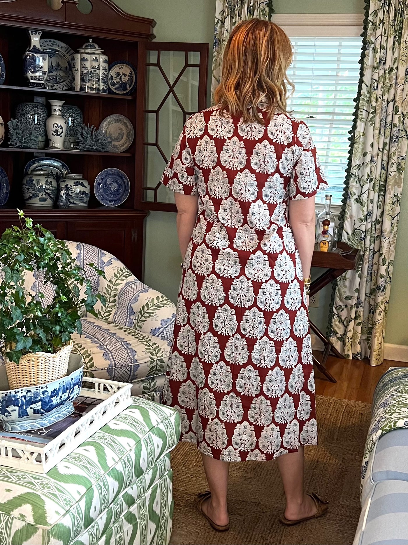 Aerin Block Print Cuffed Midi Dress in Brown