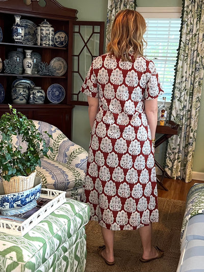 Aerin Block Print Cuffed Midi Dress in Brown