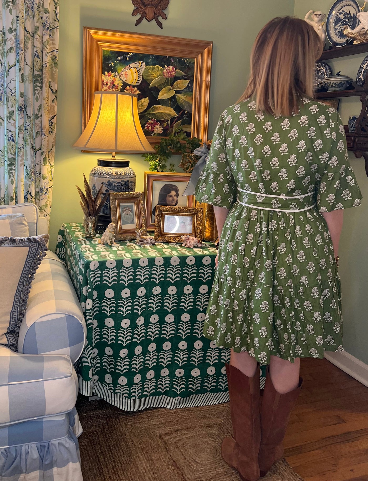 Caroline Ruffled Mini Dress in Green Floral