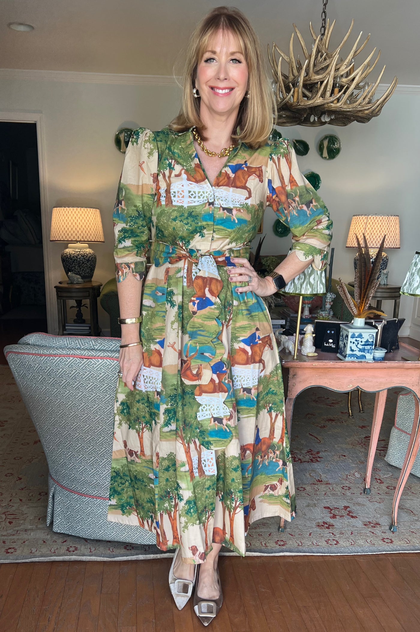 Worth Block Print Scalloped Midi Dress in Hunt Club
