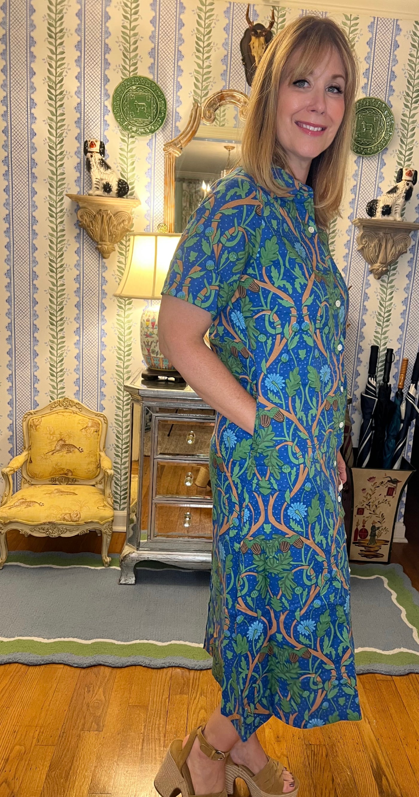 Aerin Block Print Cuffed Midi Dress in Blue Harvest