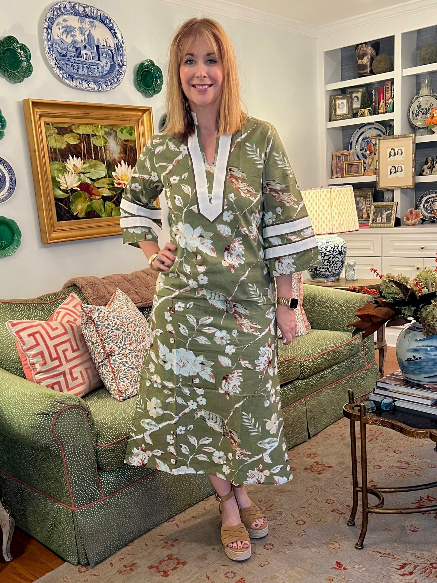 Lucy Collared Caftan Dress in Green Bird