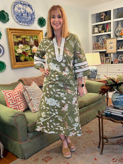 Lucy Collared Caftan Dress in Green Bird