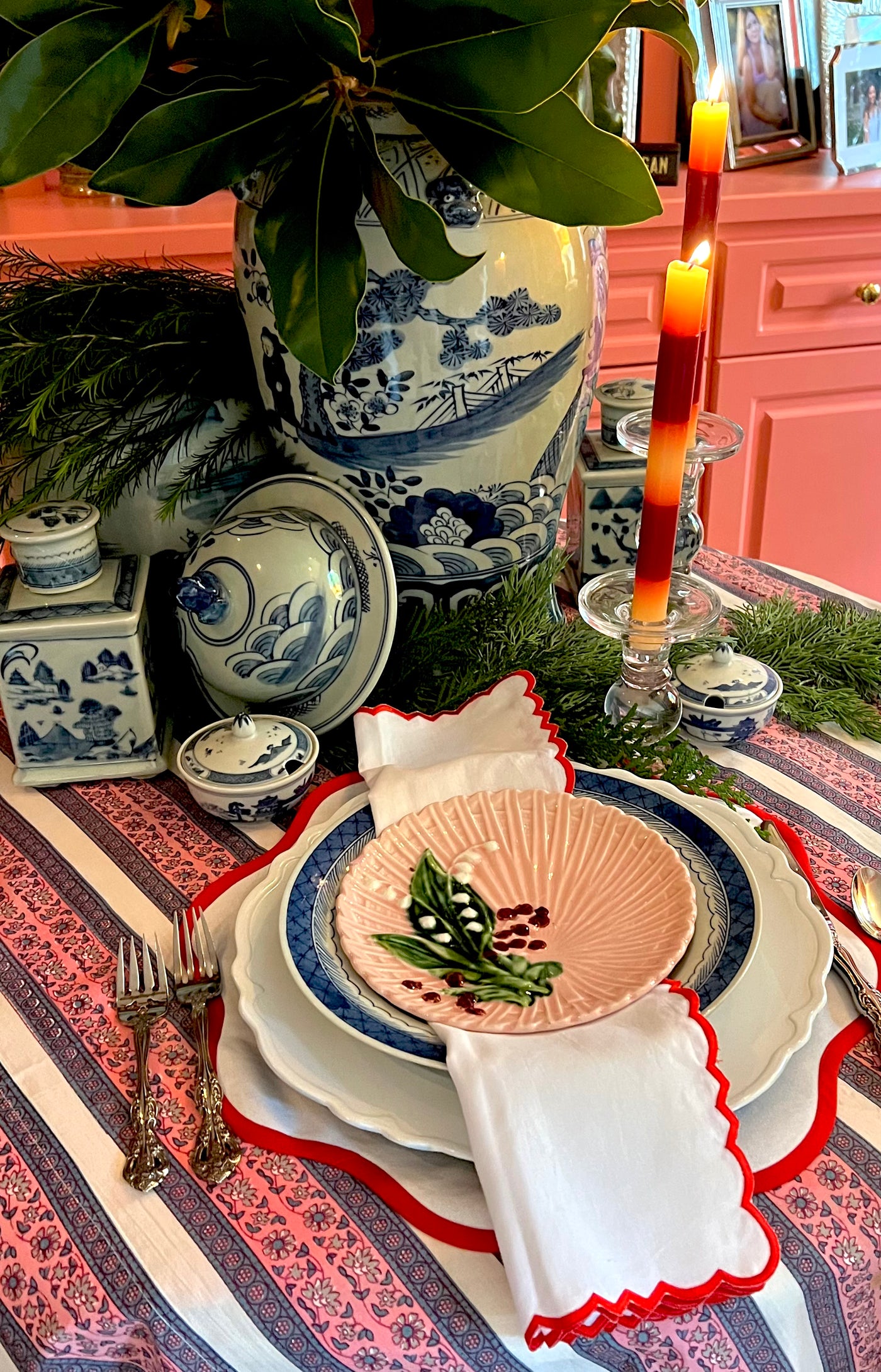 Floral Stripe Blockprint Tablecloth with Contrasting Scallop Trim