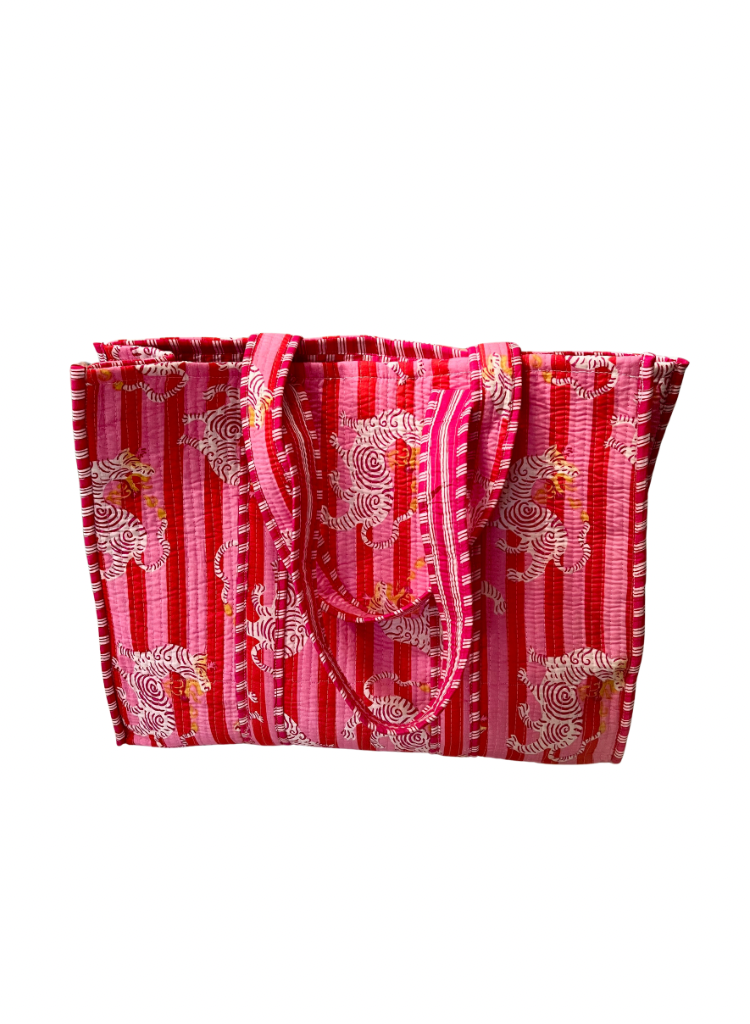 Block Print Tibetan Tiger Tote in Pink/Red Stripe