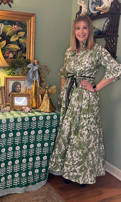 Caroline Ruffled Collar Blockprint Maxi Dress in Green