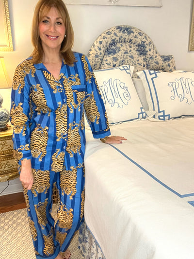 Tibetan Tiger Blockprint Pajama Set in Blue