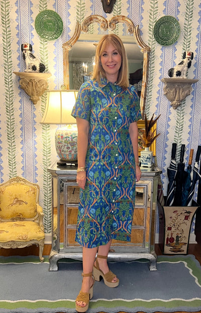 Aerin Block Print Cuffed Midi Dress in Blue Harvest