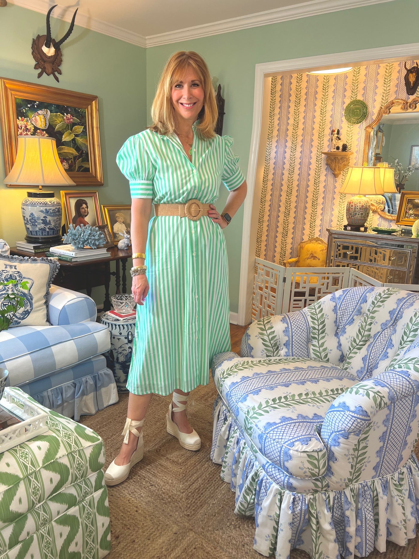 Baker Striped Ruffle A-line Midi in Green
