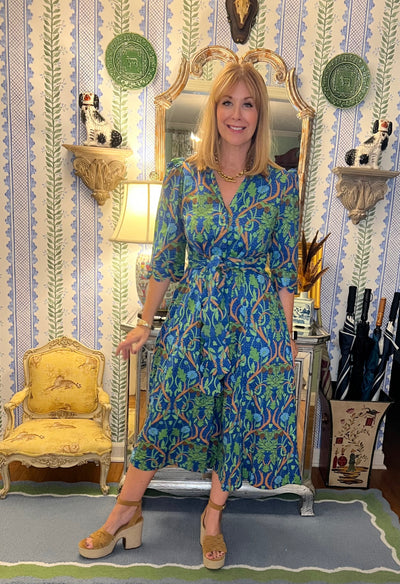Worth Block Print Scalloped Midi Dress in Blue Harvest
