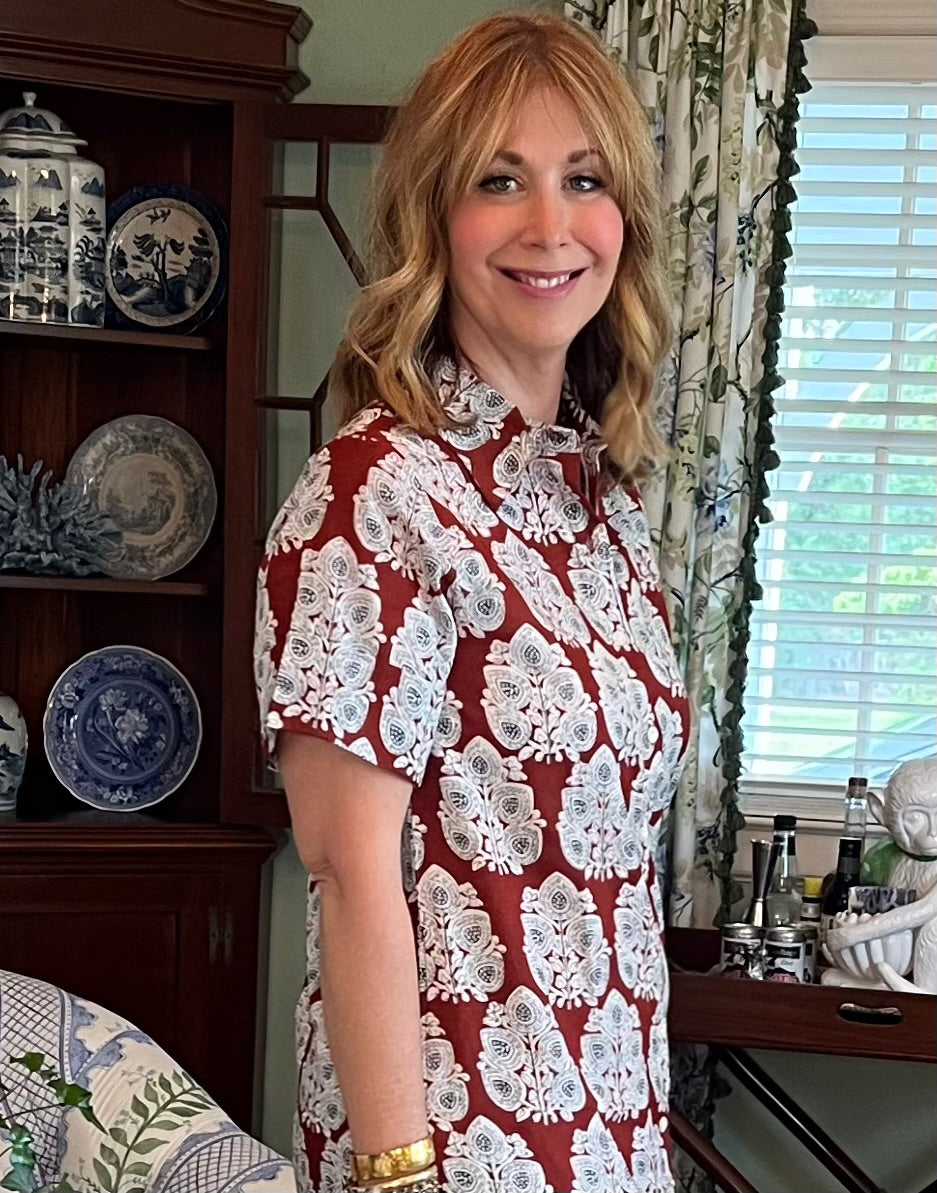 Aerin Block Print Cuffed Midi Dress in Brown