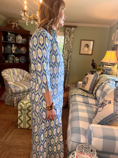 Kensington Blockprint Midi Dress in Green Geometric