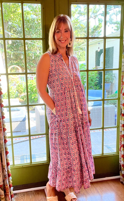 Wimberly Sleeveless Blockprint Maxi Dress in Pink