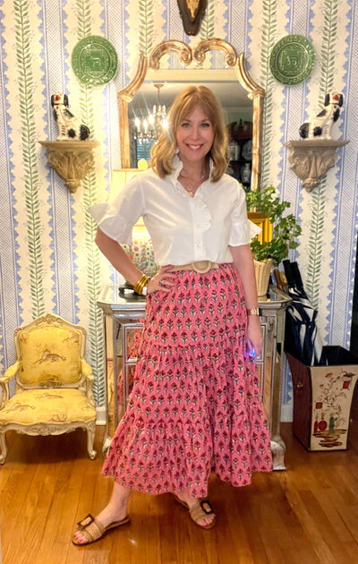 Maria Floral Block Print Maxi Skirt in Pink