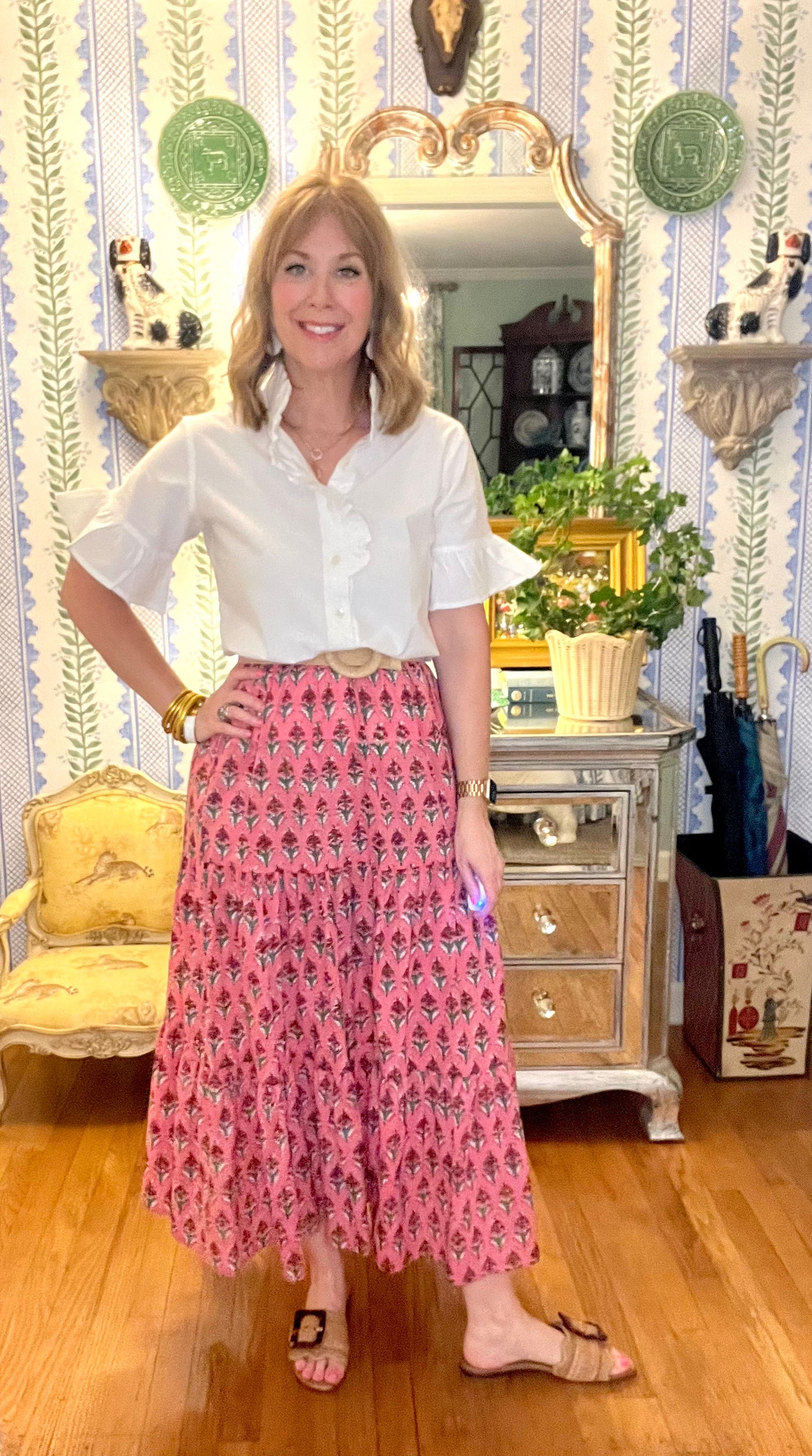 Maria Floral Block Print Maxi Skirt in Pink