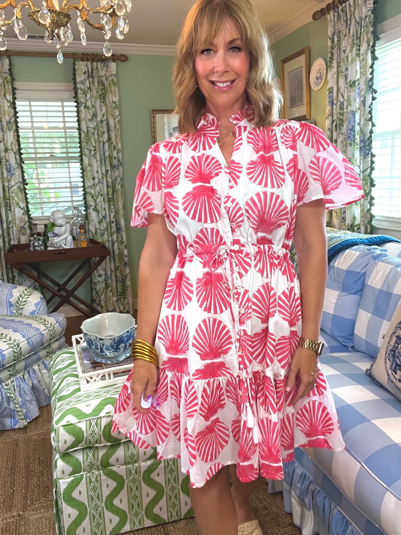 Portofino Block print Drawstring Mini Dress in Pink Seashells