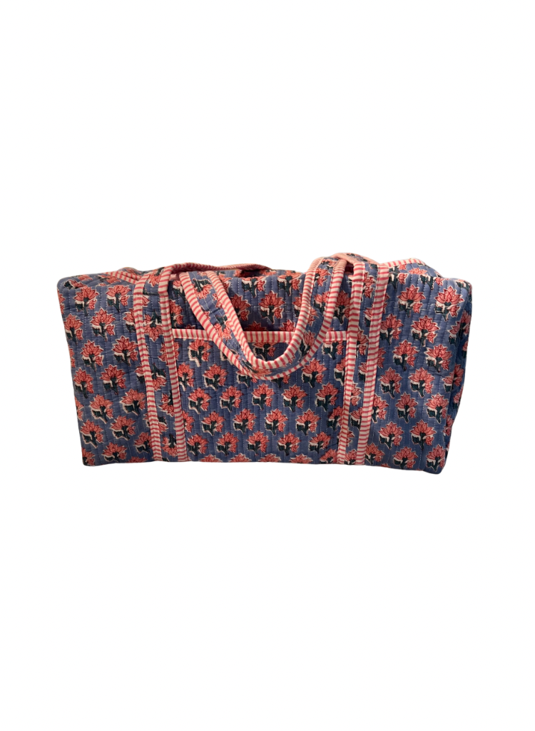 Floral Block Print Duffle Bag in Blue & Pink