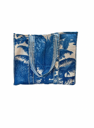 Block Print Quilted Tote in Blue & White Palm